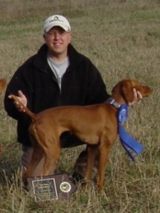 Jon & Rio -- 1st Place, Open Derby, Hawkeye Vizsla Club Field Trial, October 2005