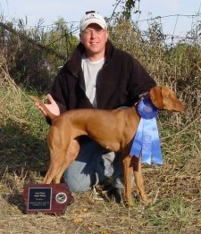 Jon & Rio -- First Place, Open Derby, Hawkeye Vizsla Club Field Trial, April 2006